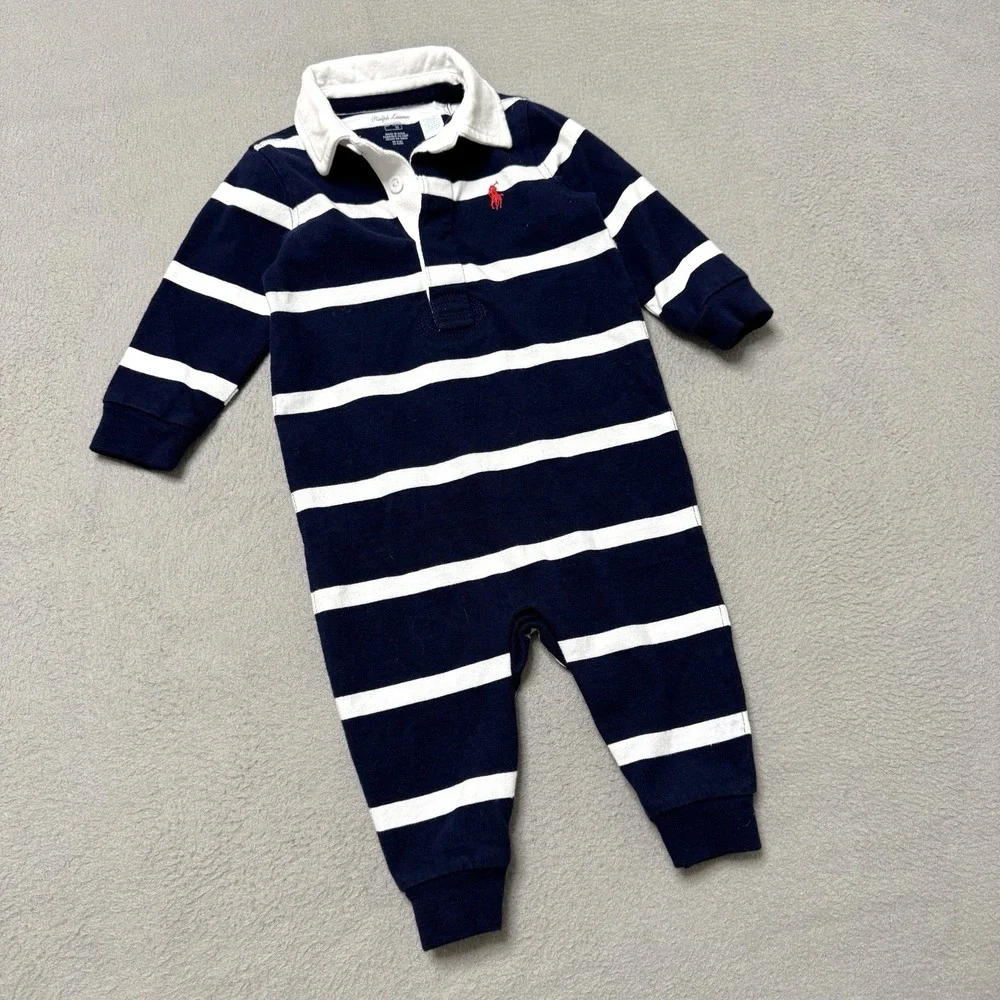 Ralph Lauren Baby Rugby Coverall 6M Navy Stripe One Piece Romper